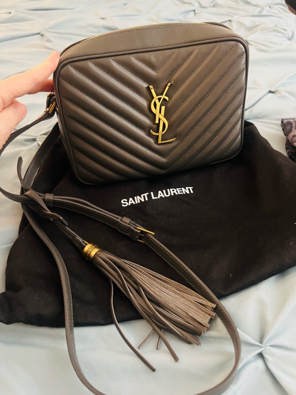 Yves Saint Laurent Taupe Chevron Leather Camera Crossbody with Gold Hardware - Picture 1 of 5